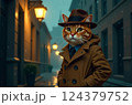 An orange tabby cat is dressed in a trench coat and fedora on a rainy city street 124379752