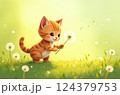 Kitten is playing outside with a dandelion on a bright sunny day, enjoying the warm weather and nature's beauty 124379753
