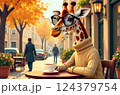Giraffe wearing a beige turtleneck and glasses enjoys a cup of coffee at an outdoor cafe on a crisp autumn day. 124379754