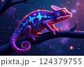 Vibrant chameleon perched on a branch with a cosmic backdrop, showcasing a blend of colors and shimmering lights, creating a surreal scene. 124379755