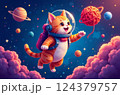 An orange tabby cat astronaut floats among the stars, planets, and pink clouds, reaching for a ball of yarn in space. 124379757