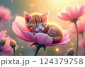 An adorable orange tabby kitten sleeps peacefully nestled in the petals of a vibrant pink flower, surrounded by a dreamy, bokeh-filled meadow. 124379758