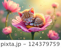 An adorable orange tabby kitten sleeps peacefully nestled in the petals of a vibrant pink flower, surrounded by a dreamy, bokeh-filled meadow. 124379759