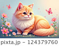 Cute, fluffy, ginger cat sits in a field of pink flowers with butterflies fluttering around it, all against a light blue background 124379760