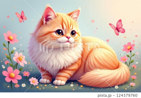 Cute, fluffy, ginger cat sits in a field of pink flowers with butterflies fluttering around it, all against a light blue background 124379760