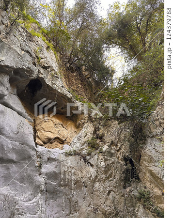 Rocky cliff with lush greenery and a unique stone formation, showcasing nature's artistry and geological wonders concept 124379788