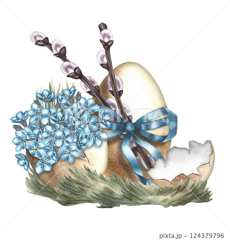 Vintage Easter greeting card with egg, forget-me-nots, willow. A hand-drawn watercolor illustration. The isolate. For making greeting cards and invitations for Easter, packaging, labels and stickers. Vintage Easter greeting card with egg, forget-me-nots, willow. A hand-drawn watercolor illustration. The isolate. For making greeting cards and invitations for Easter, packaging, labels and stickers. 124379796