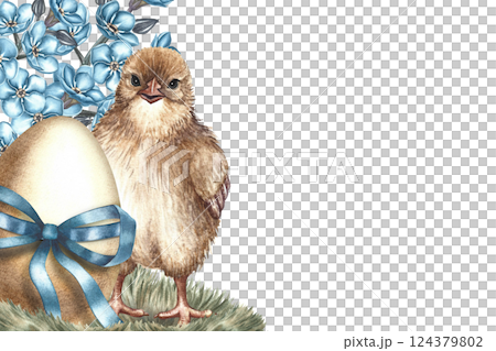 A frame of forget-me-nots, an Easter egg and a hatched chicken. A hand-drawn watercolor illustration. Blue floral template for labels. For greeting Easter cards invitations, packaging and posters. A frame of forget-me-nots, an Easter egg and a hatched chicken. A hand-drawn watercolor illustration. Blue floral template for labels. For greeting Easter cards invitations, packaging and posters. 124379802