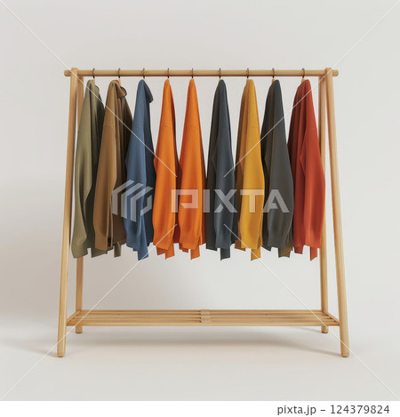 Wooden rack, colored hangers, 3D on white background, striking style. Bright setup enhances fashion appeal. 124379824