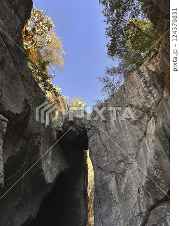 Majestic rock formations under a clear blue sky showcasing nature's beauty and grandeur in a canyon landscape concept 124379831