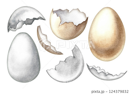 A set of clip art with eggs and eggshells in brown and white. The illustration is handmade in watercolor. Highlight it. For making cooking recipes and Easter cards. For packaging, labels and more. A set of clip art with eggs and eggshells in brown and white. The illustration is handmade in watercolor. Highlight it. For making cooking recipes and Easter cards. For packaging, labels and more. 124379832