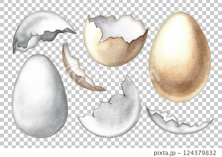 A set of clip art with eggs and eggshells in brown and white. The illustration is handmade in watercolor. Highlight it. For making cooking recipes and Easter cards. For packaging, labels and more. A set of clip art with eggs and eggshells in brown and white. The illustration is handmade in watercolor. Highlight it. For making cooking recipes and Easter cards. For packaging, labels and more. 124379832