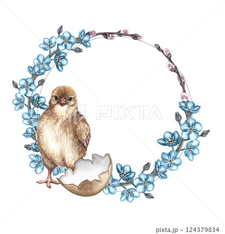 Easter round frame with flowers, forget-me-nots and a chick. A hand-drawn watercolor illustration. Color image. For the design of greeting cards and invitations for Easter, packaging, labels and print Easter round frame with flowers, forget-me-nots and a chick. A hand-drawn watercolor illustration. Color image. For the design of greeting cards and invitations for Easter, packaging, labels and print 124379834