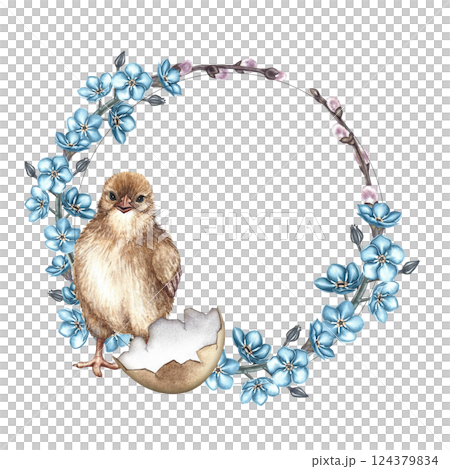 Easter round frame with flowers, forget-me-nots and a chick. A hand-drawn watercolor illustration. Color image. For the design of greeting cards and invitations for Easter, packaging, labels and print Easter round frame with flowers, forget-me-nots and a chick. A hand-drawn watercolor illustration. Color image. For the design of greeting cards and invitations for Easter, packaging, labels and print 124379834