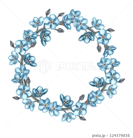 A wreath of forget-me-nots. Hand-made watercolor illustration. A color image of a round frame. For greeting cards and invitations for birthday, anniversary or wedding. For packaging, labels and poster A wreath of forget-me-nots. Hand-made watercolor illustration. A color image of a round frame. For greeting cards and invitations for birthday, anniversary or wedding. For packaging, labels and poster 124379838
