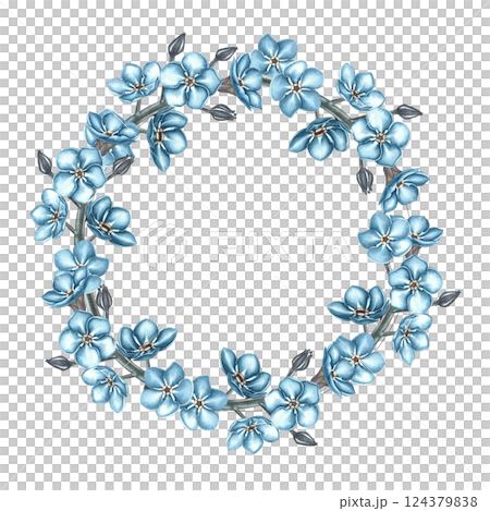 A wreath of forget-me-nots. Hand-made watercolor illustration. A color image of a round frame. For greeting cards and invitations for birthday, anniversary or wedding. For packaging, labels and poster A wreath of forget-me-nots. Hand-made watercolor illustration. A color image of a round frame. For greeting cards and invitations for birthday, anniversary or wedding. For packaging, labels and poster 124379838