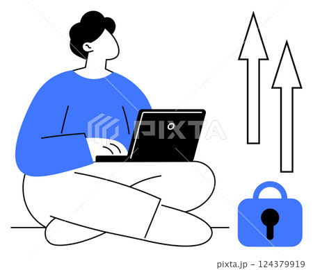 Person seated cross-legged using laptop. Two upward arrows and lock symbol indicate growth and security. Ideal for technology, internet security, online privacy, personal development, educational 124379919