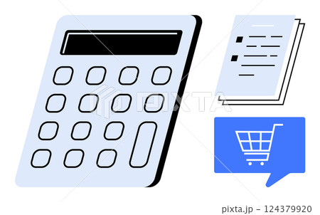 Calculator with documents and shopping cart icon. Ideal for finance, accounting, budgeting, e-commerce, online shopping, financial planning, tax calculation. Line metaphor 124379920