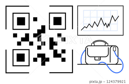 Black and white QR code connected to upward-trending graph and briefcase. Ideal for business strategy, financial growth, digital marketing, tech, mobile payments, corporate training, startups. Line 124379921