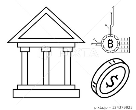 Bank building, Bitcoin, and dollar coin in black and white. Ideal for banking, finance, cryptocurrency, digital transactions, and economic themes. Simple line art style 124379923