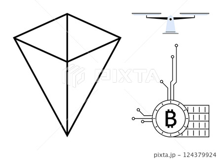A geometric shape, a drone, and a Bitcoin symbol are combined in modern minimalist style. Ideal for cryptocurrency technology, blockchain, drones, futuristic designs, and modern vector art themes A geometric shape, a drone, and a Bitcoin symbol are combined in modern minimalist style. Ideal for cryptocurrency technology, blockchain, drones, futuristic designs, and modern vector art themes 124379924