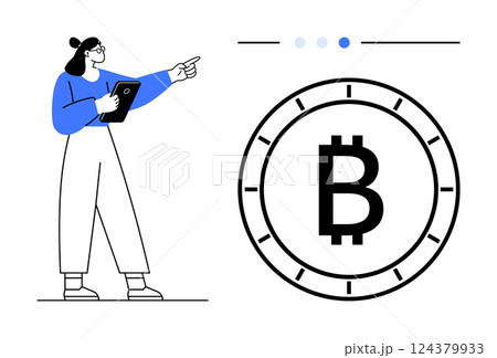 Woman holding a tablet, pointing at a Bitcoin symbol within a circle. Three dots with one highlighted in blue. Ideal for cryptocurrency education, financial technology, digital currency, blockchain Woman holding a tablet, pointing at a Bitcoin symbol within a circle. Three dots with one highlighted in blue. Ideal for cryptocurrency education, financial technology, digital currency, blockchain 124379933