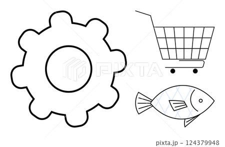 Large gear, shopping cart with wheels in back, and a fish with scales. Ideal for industry, shopping, manufacturing, food, technology. Simple line art style Large gear, shopping cart with wheels in back, and a fish with scales. Ideal for industry, shopping, manufacturing, food, technology. Simple line art style 124379948