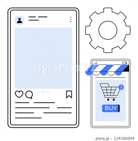 Smartphone screens displaying social media and online shopping app, gear icon. Ideal for digital marketing, social media, e-commerce, mobile apps, internet connectivity. Simple vector style Smartphone screens displaying social media and online shopping app, gear icon. Ideal for digital marketing, social media, e-commerce, mobile apps, internet connectivity. Simple vector style 124380004