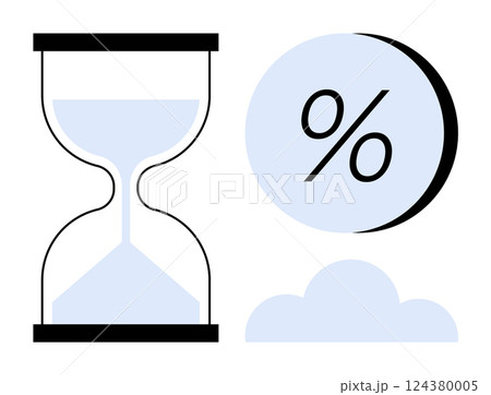 Hourglass with sand, percentage symbol in circle, and cloud shape. Ideal for business, finance, technology, time management, data analysis, forecasting, education. Line metaphor Hourglass with sand, percentage symbol in circle, and cloud shape. Ideal for business, finance, technology, time management, data analysis, forecasting, education. Line metaphor 124380005