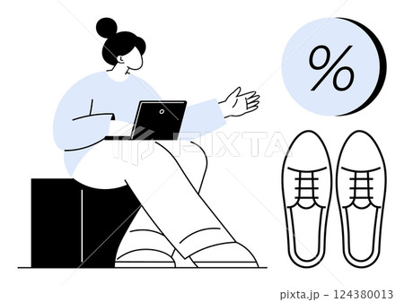 Woman sitting with laptop, gesturing towards percentage sign and pair of shoes. Ideal for online shopping, retail promotions, marketing strategies, e-commerce, sales presentations, business growth 124380013