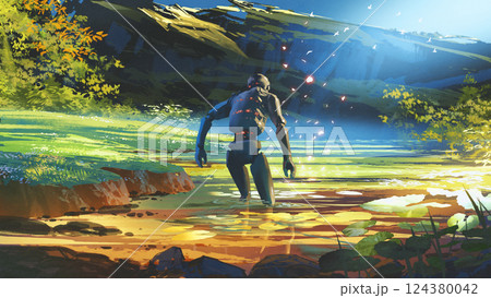 Mysterious Robot Exploring a Swampy Landscape 124380042