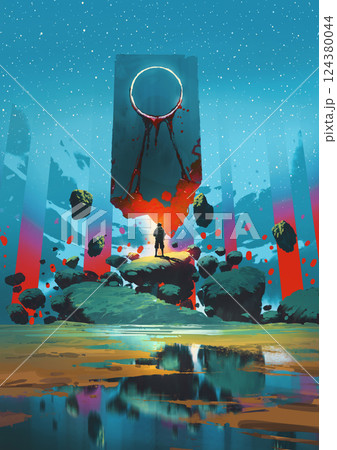 Traveler Standing Before Floating Holy Monolith in Fantasy Landscape 124380044