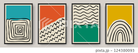Abstract posters with bold color fields and hand drawn elements 124380093
