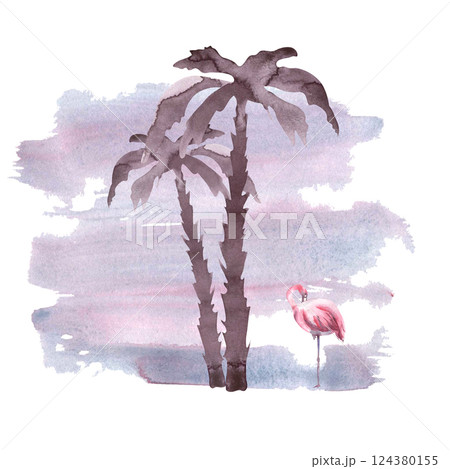 Watercolor monochrome palm tree and pink flamingo. Watercolor illustration of Tropical landscape. Silhouette of tropical tree and bird. Summer tropical designs for invitation, card, cosmetic package 124380155