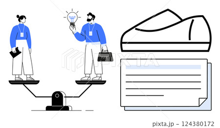 Business professionals on balance scale discussing ideas, accompanied by shoe and document graphics. Ideal for teamwork, gender equality, idea generation, balance, career development, business 124380172