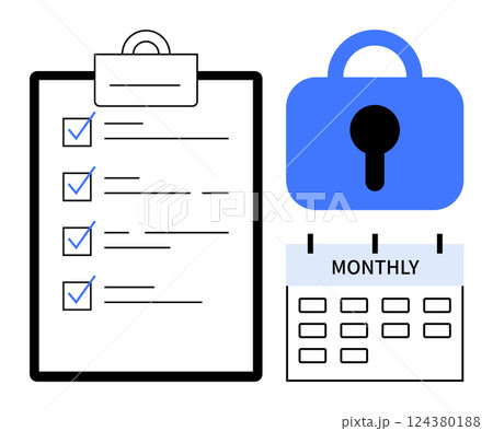 A clipboard with a checklist, a blue lock, and a monthly calendar. Ideal for security management, task organization, schedule planning, privacy protection, and data safety. Clean and simple style 124380188
