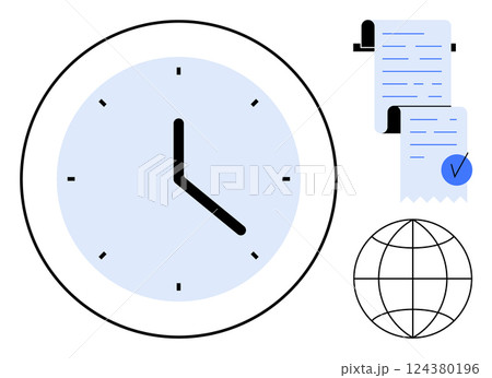 Clock displaying time, two receipts with a checkmark, and a globe icon. Ideal for concepts involving time management, global business operations, financial tracking, deadlines, and efficiency Clock displaying time, two receipts with a checkmark, and a globe icon. Ideal for concepts involving time management, global business operations, financial tracking, deadlines, and efficiency 124380196
