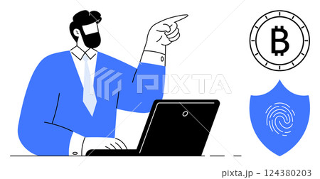 Businessman in a blue suit pointing at bitcoin and fingerprint shield icons near his laptop. Ideal for finance, cryptocurrency, technology, security, digital transactions, financial advice Businessman in a blue suit pointing at bitcoin and fingerprint shield icons near his laptop. Ideal for finance, cryptocurrency, technology, security, digital transactions, financial advice 124380203