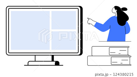 Person pointing at a computer screen with books stacked, indicating e-learning. Ideal for education, online courses, digital learning, e-books, remote teaching. Minimalist vector art, blue tones 124380215