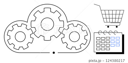 Gears in a cloud symbolize cloud computing integration. Shopping cart and calendar signify e-commerce and scheduling. Ideal for technology business management, project planning, online shopping Gears in a cloud symbolize cloud computing integration. Shopping cart and calendar signify e-commerce and scheduling. Ideal for technology business management, project planning, online shopping 124380217