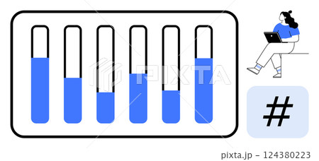 Bar chart with varying levels, woman working on laptop, metadata tag symbol. Ideal for business analytics, data analysis, social media strategies, digital marketing, education, presentations 124380223