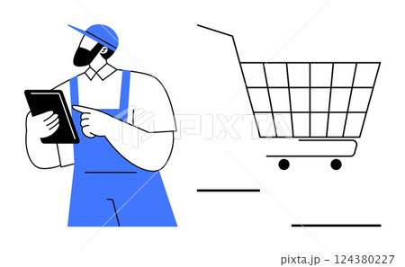 A warehouse worker in a blue uniform checks a clipboard next to a large shopping cart icon. Ideal for e-commerce logistics, inventory management, retail industry, online shopping, delivery services 124380227