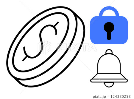 A coin with a dollar sign, a blue lock, and a bell icon are visible. Ideal for finance, security alerts, notifications, investment, and financial safety. Minimalist design. Clean lines. Modern look A coin with a dollar sign, a blue lock, and a bell icon are visible. Ideal for finance, security alerts, notifications, investment, and financial safety. Minimalist design. Clean lines. Modern look 124380258