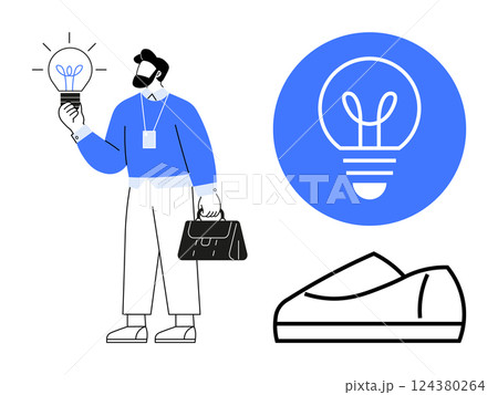 Business professional holding light bulb, carrying briefcase, enlarged light bulb icon in blue circle and casual shoes. Ideal for innovation, startups, business ideas, creativity, professional 124380264