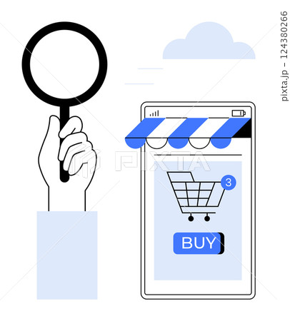 A hand holding a magnifying glass next to a smartphone displaying a shopping cart with a buy button and notification. Ideal for representing online shopping, e-commerce, mobile apps, search function 124380266