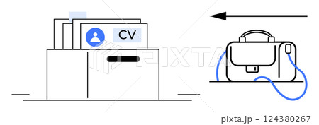 Box full of CVs and an arrow pointing to a briefcase. Ideal for job applications, recruitment, employment, career opportunities, office readiness, human resources, workforce management. Line metaphor 124380267