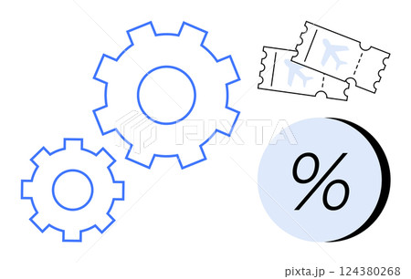 Two gears, a percentage sign, and two airplane tickets. Ideal for travel discounts, planning, aviation industry, mechanical processes, savings, optimization, productivity. Line metaphor 124380268