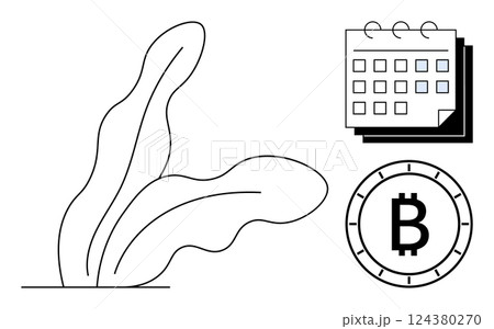 Calendar with marked dates, Bitcoin symbol indicating cryptocurrency, and abstract foliage. Ideal for financial planning, cryptocurrency investments, scheduling, digital finance, eco-friendly 124380270