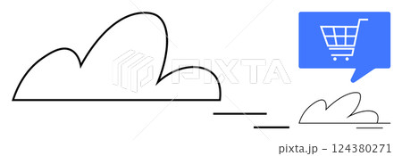 Cloud with connected line to smaller cloud and shopping cart inside blue speech bubble. Ideal for e-commerce, online shopping, cloud storage, digital marketing, tech services, web apps, and retail 124380271