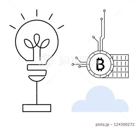 A lightbulb and Bitcoin symbol next to a cloud, representing innovation, cryptocurrency, and tech advancements. Ideal for tech innovation, fintech, cryptocurrency education, cloud technology 124380272